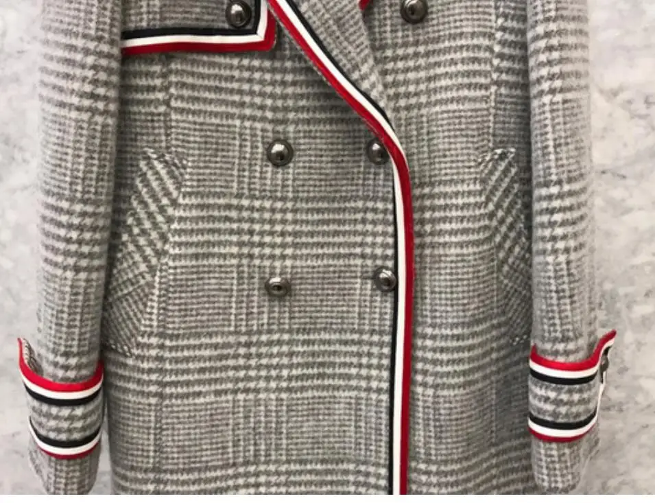 

Vintage Safari style woolen coat women double breasted stitching plaid long overcoat
