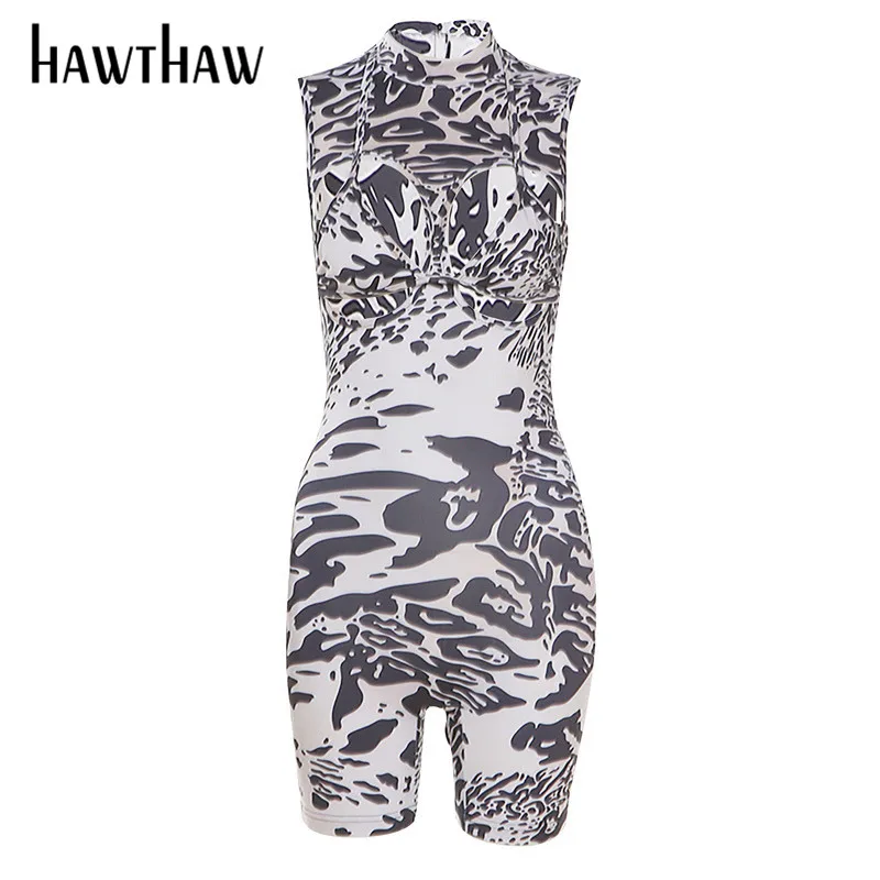 

Hawthaw Women Summer Sexy Hollow Out Party Club Printed Bodycon Slim Romper Overall Playsuit 2021 Female Clothing Streetwear