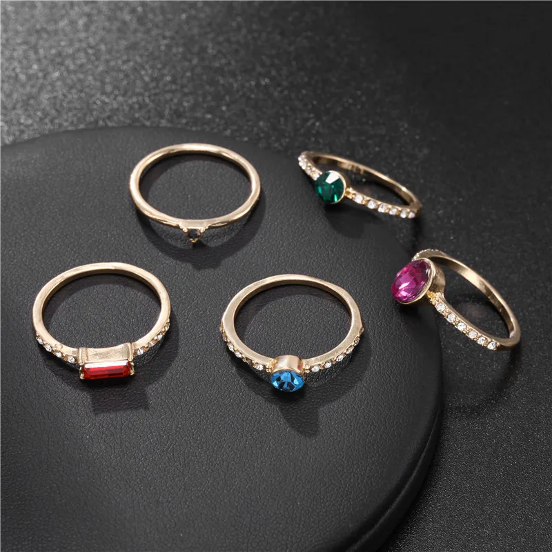 

2020 Vintage Summer 5Pcs/Set Cute Colorful Crystal Stone Metalic Fashion Finger Rings Sets Korea Hit Rings for Women Girl Party