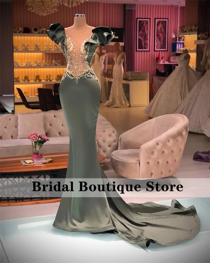 

Dubai Mermaid 2022 Evening Dress Formal Chic Beads Cap Sleeve Satin Arabic Women Party Gowns فساتين السهرة