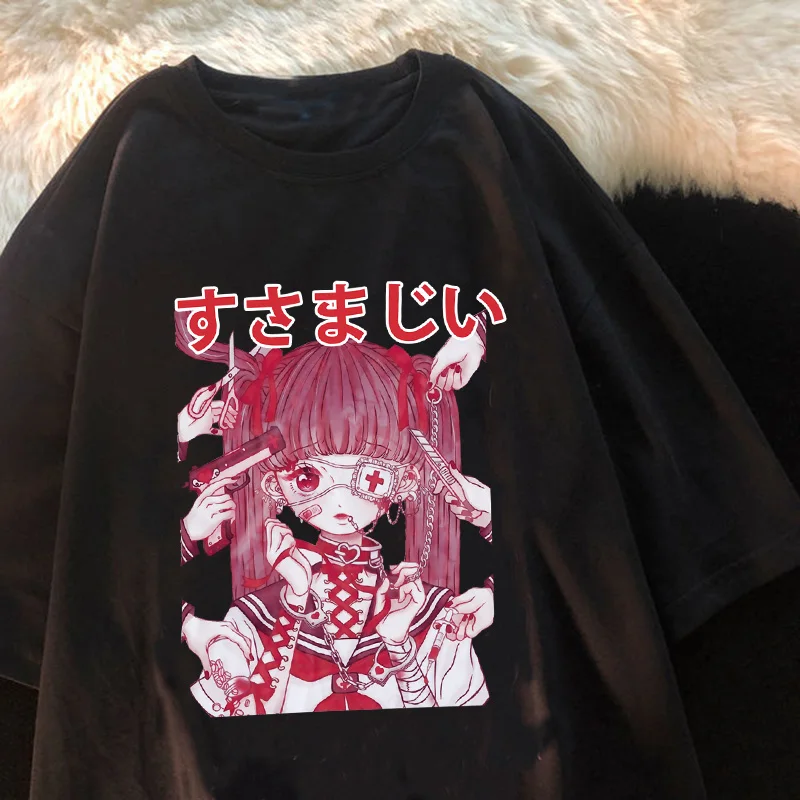 Goth Anime Tshirt Tee Aesthetic Women T-shirt Punk Grunge Streetwear Ladies Gothic Top Manga T Shirt Harajuku Clothes Y2k Female images - 6