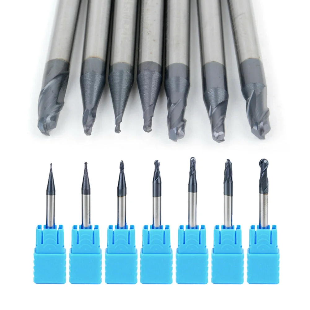 

7pcs 0.5-2.0mm Tungsten Carbide 2 Flutes Ball Nose End Mill CNC Radius Tool Set