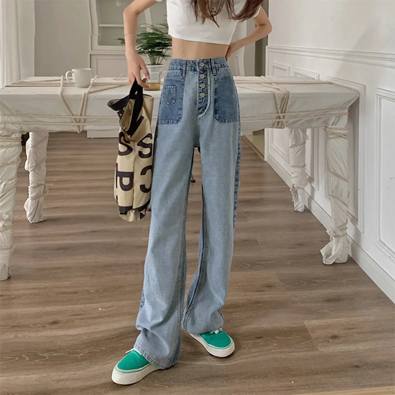 

Джинсы-Багги женские с широкими штанинами, длинные брюки из денима в стиле пэчворк с завышенной талией, винтажная уличная одежда для мам, ле...