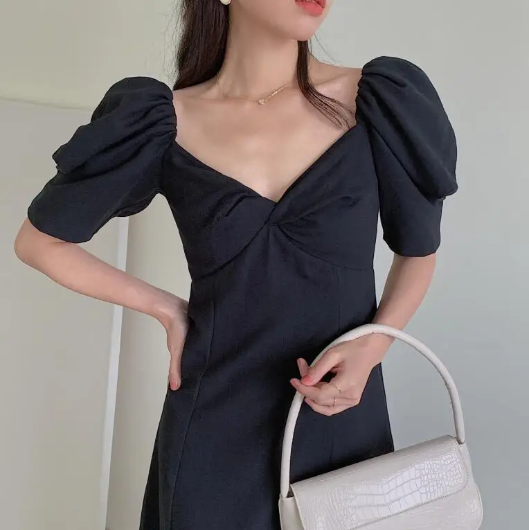 

Korean Chic French Style Girly Temperamental off-Shoulder Square Collar Puff Sleeve Elegant Slimming High Waist Dress 2021