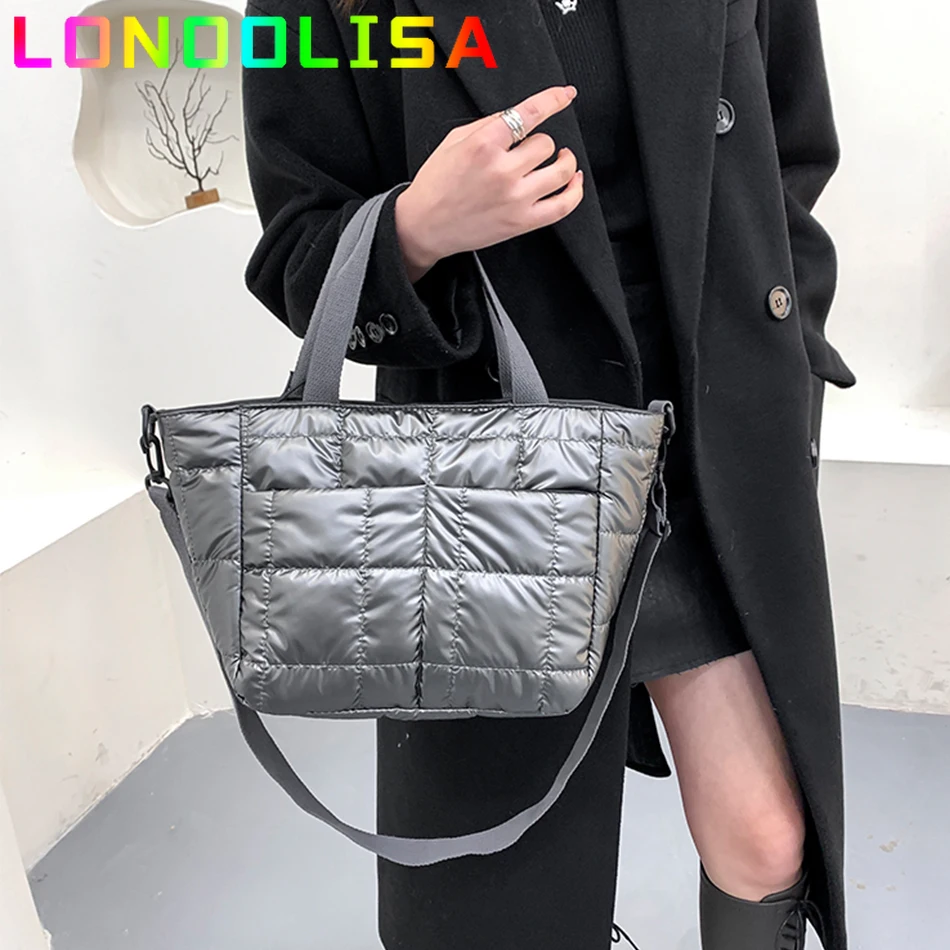 

Plaid Padded Design Crossbody Bag for Women Big Tote Ladies 2021 Winter Shoulder Messenger Sac Space Cotton Down Shopper Handbag