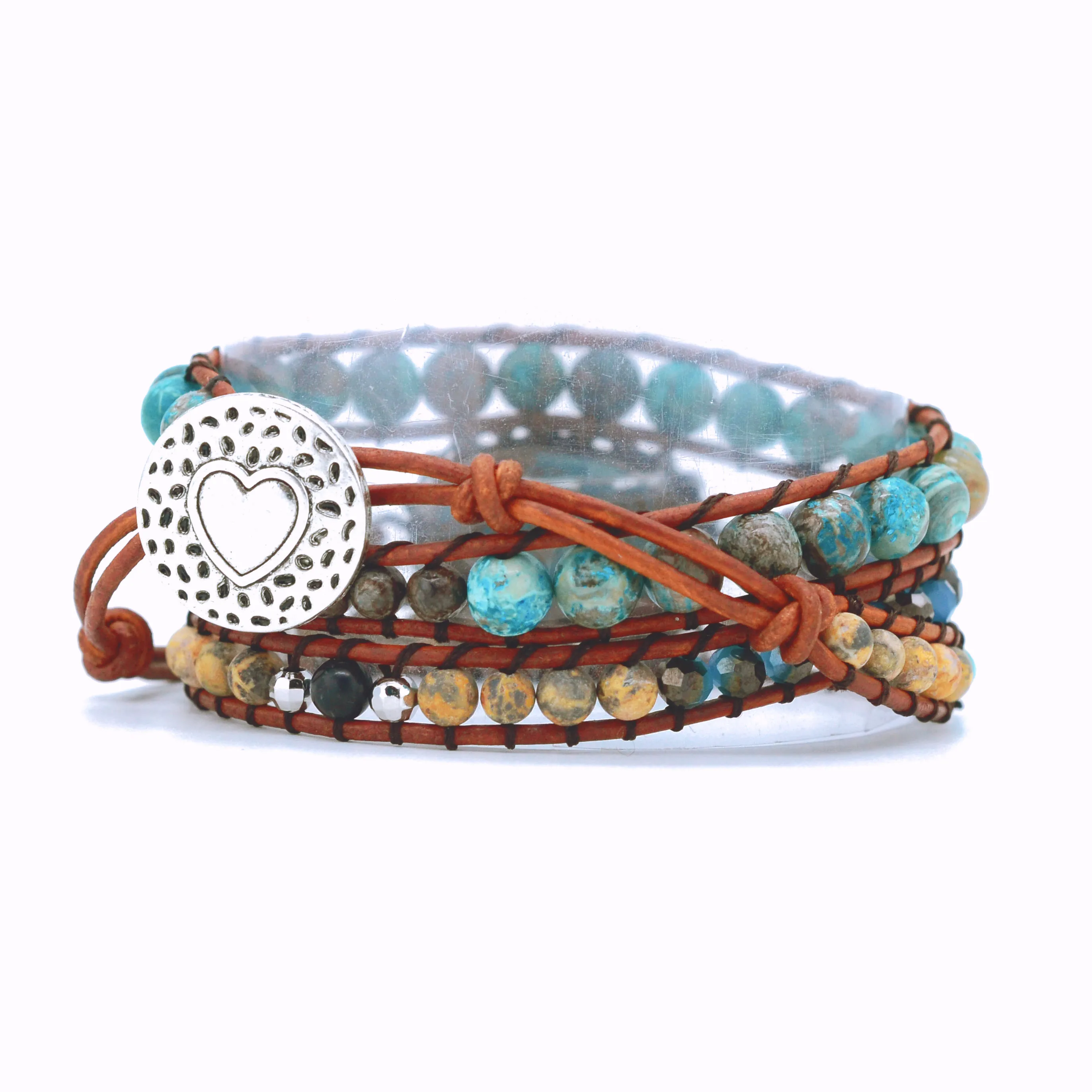 Бохо ручной работы океан яшма 3X Обертка Браслет Винтаж кожаный браслет Прямая