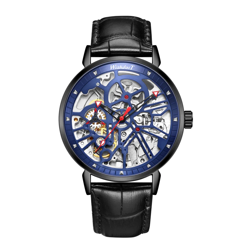WISHDOIT Automatic Mechanical Men Top Brand Luxury Leather Mens Wrist Watches Waterproof Sports Blue Clock Relogio Masculino