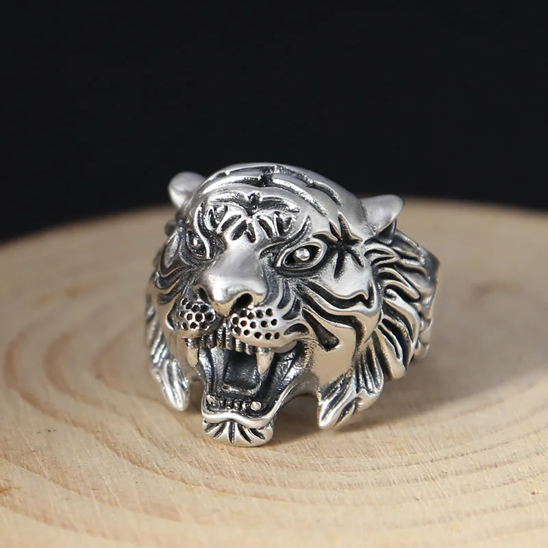 

10092 100%925 sterling silver fashion jewelry Personality male retro Thai silver index finger tiger opening ring