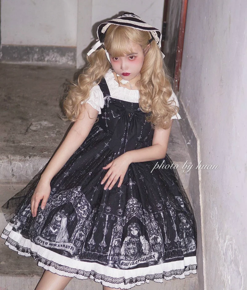 

Кавайное платье Jsk в стиле Лолиты, женское винтажное платье в викторианском стиле, готическом стиле, без рукавов, кружевное черное платье пр...