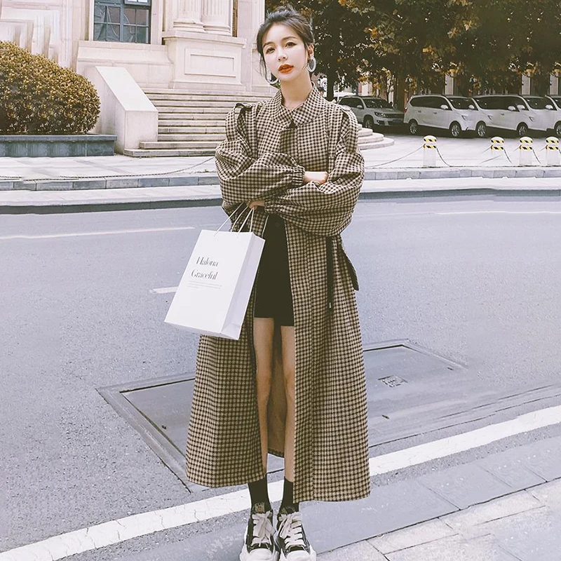 

Women's Windbreaker Long Spring Autumn Korean Loose Fashion Trench Coat Female Retro Houndstooth Casual Splicing Ladies Cloak