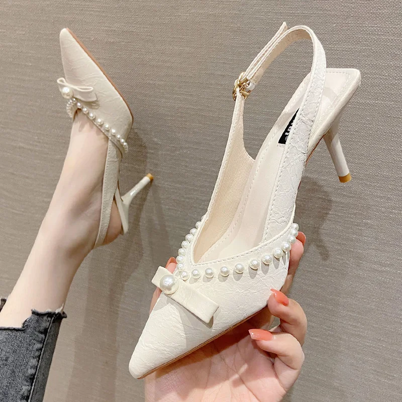 

2021 Summer Pearl Bowknot Pointed Toe Stiletto High Heels Women Sandals Slingback Belt Buckle Pumps for Jeans Office Lady