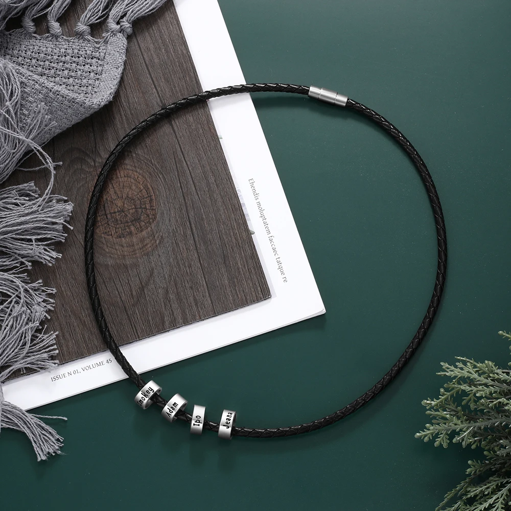 Мужская плетеная кожаная цепочка ожерелье с 4 индивидуальными бусинами именами