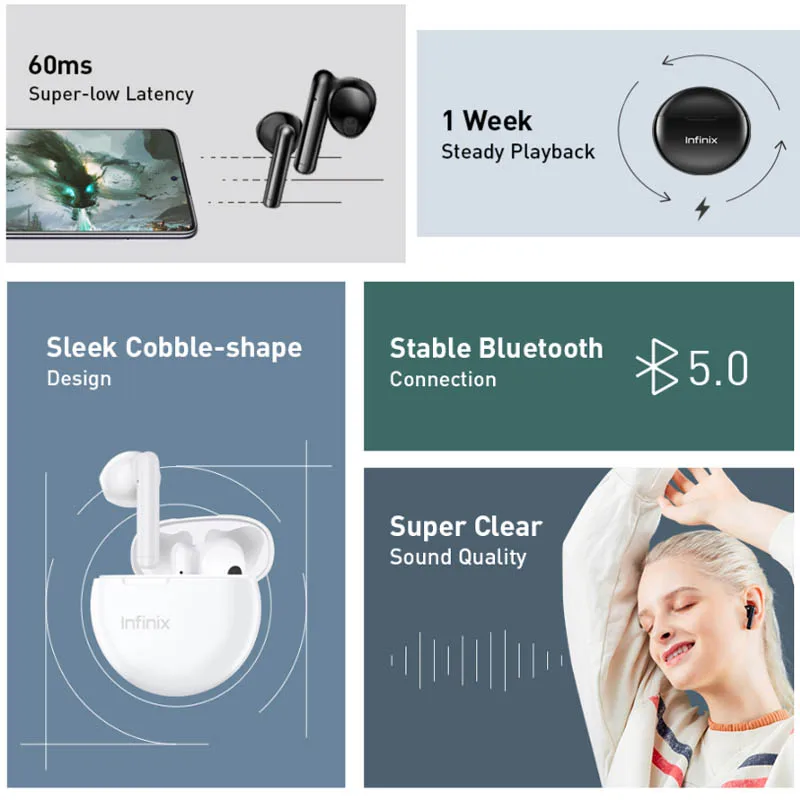 global version infinix xe20 tws true wireless bluetooth earphone 60ms super low latency dual microphone calls 30hrs battery life free global shipping