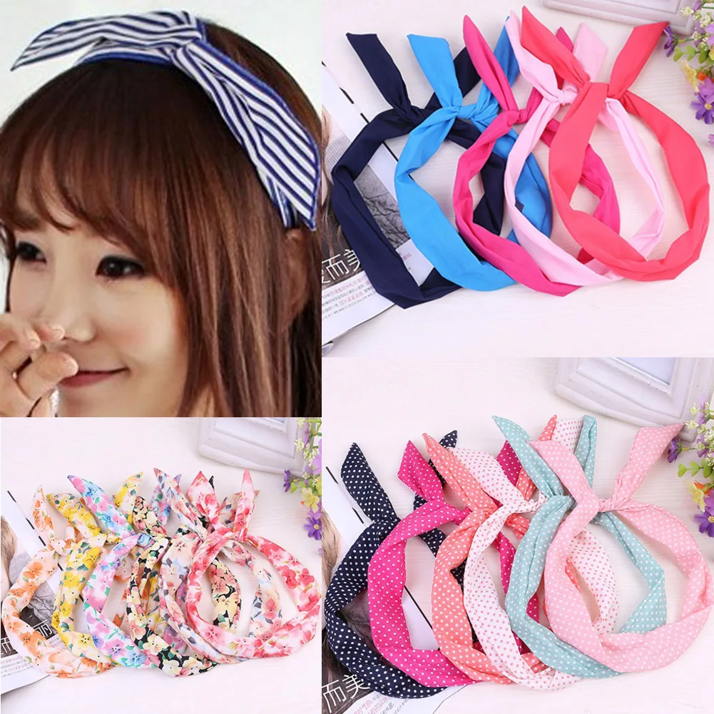 Корейские цветочные полосы в горошек с кроличьими ушками повязки на голову для