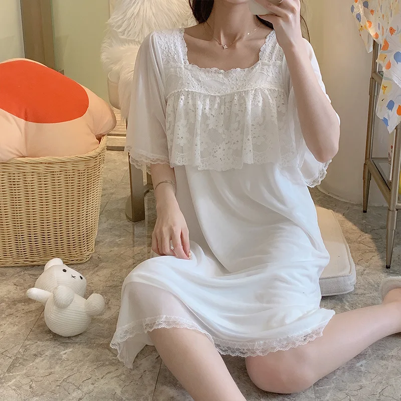 Gauze Princess Nightdress Women's Summer Short Sleeve Fashion Fresh Nightgown Sexy Home Skirt Nightwear Autumn Female Sleepwear