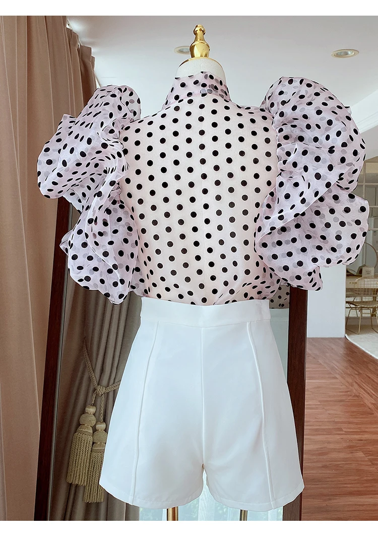 

Short Polka Dot Shirt Women 2021spring and Summer New Fashion Design Puff Short Sleeve Perspective Organza Top Sweet Cute Blouse