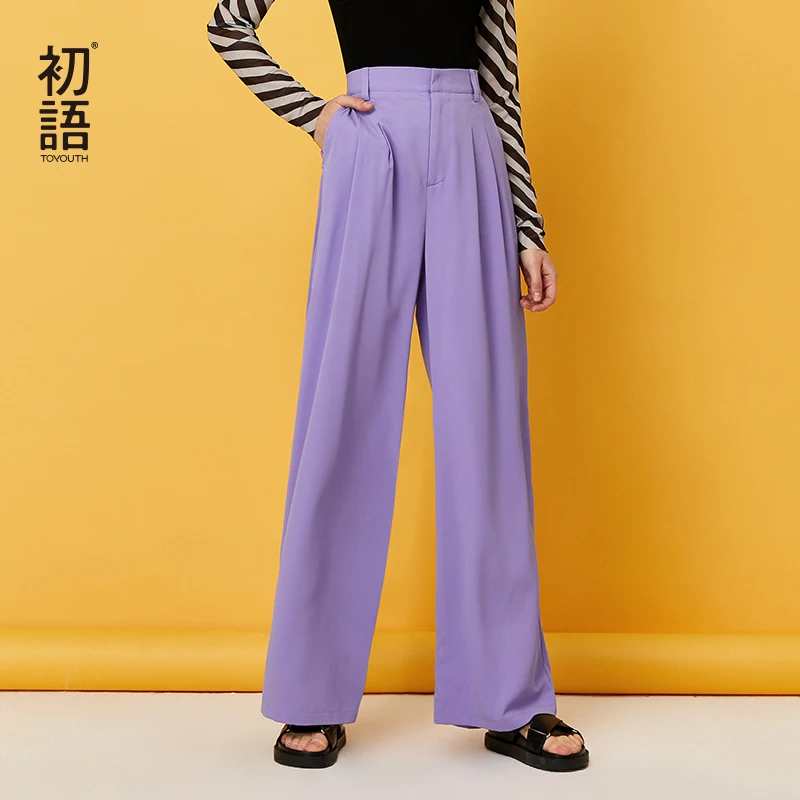 

Toyouth Women Trousers Spring Elastic Waist Wide Leg Solid Blue Black Chic Casual Pants