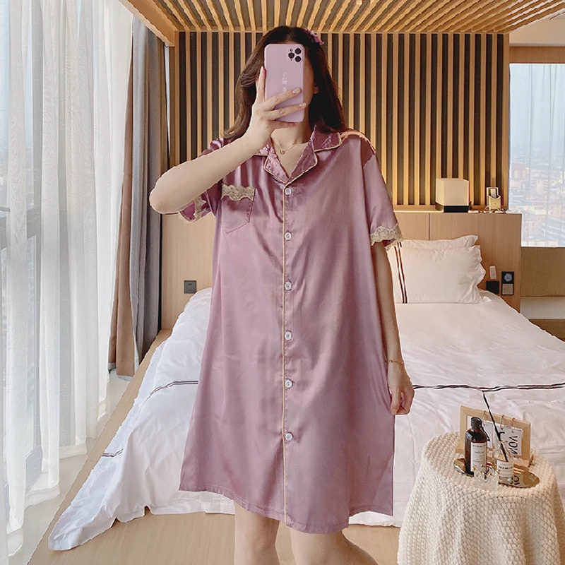 

Spring Women Pajamas Set Solid Color Silk Night Dress Short Sleeve Female Sleepshirts Sexy Loose Turn-Down Collar Homewear