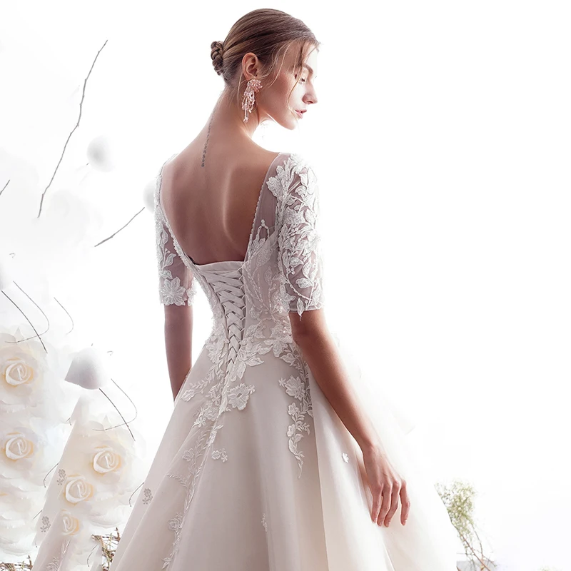 LDR02 White Long Sleeve Wedding Dress Bride 2021 Temperament New Wedding Simple Applique Printed Pattern платья свадебные
