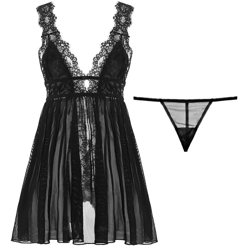 

French Sexy Female Suspender Skirt Mesh See-Through Lace Nightdress Deep V Nightwear Women's Home Sleeveless Halter Nightdress