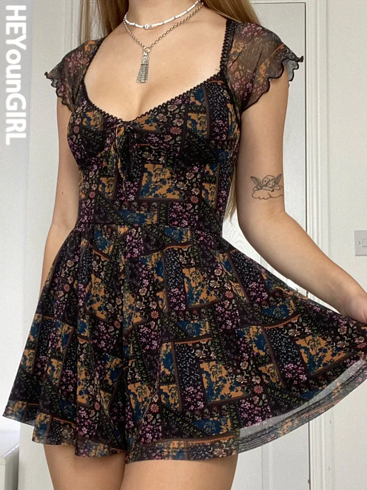 

HEYounGIRL Floral Print V Neck Summer Dresses Women Elegant Slim Vintage Aesthetic Holiday Chic Dress Retro Sexy French Style