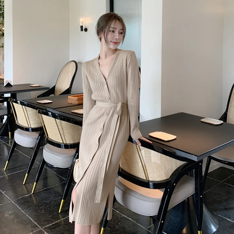 

Lace-up Sweater Base Knitting Dress Autumn Winter Coat Long Sleeves Inner Wear Waist Single-Breasted V-neck Cardigan Dress