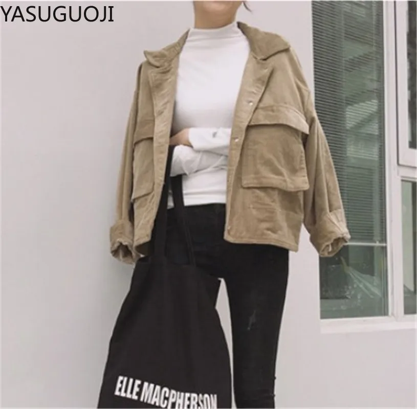 

YASUGUOJI 2020 New Style for Autumn and Winter Corduroy Double-Pocket College Wind Loose Baseball Uniform Bomber Jacket Women