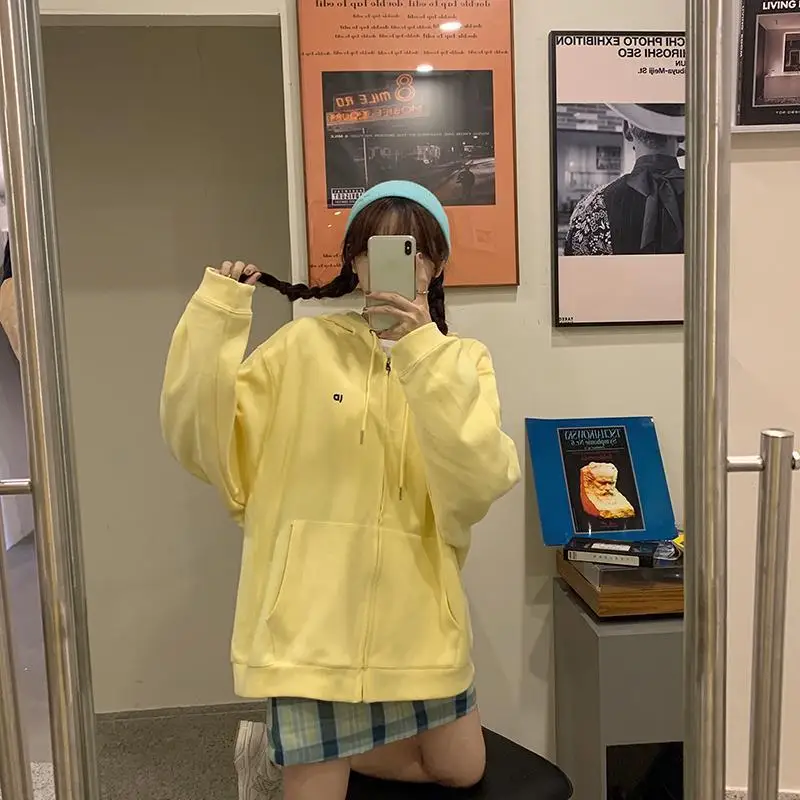 

Cute Autumn Warm Yellow Sweatshirts Jacket Zipper Hoodie Women Loose Girl Hooded Tracksuit Female Autumn Black Thin Basic Tops