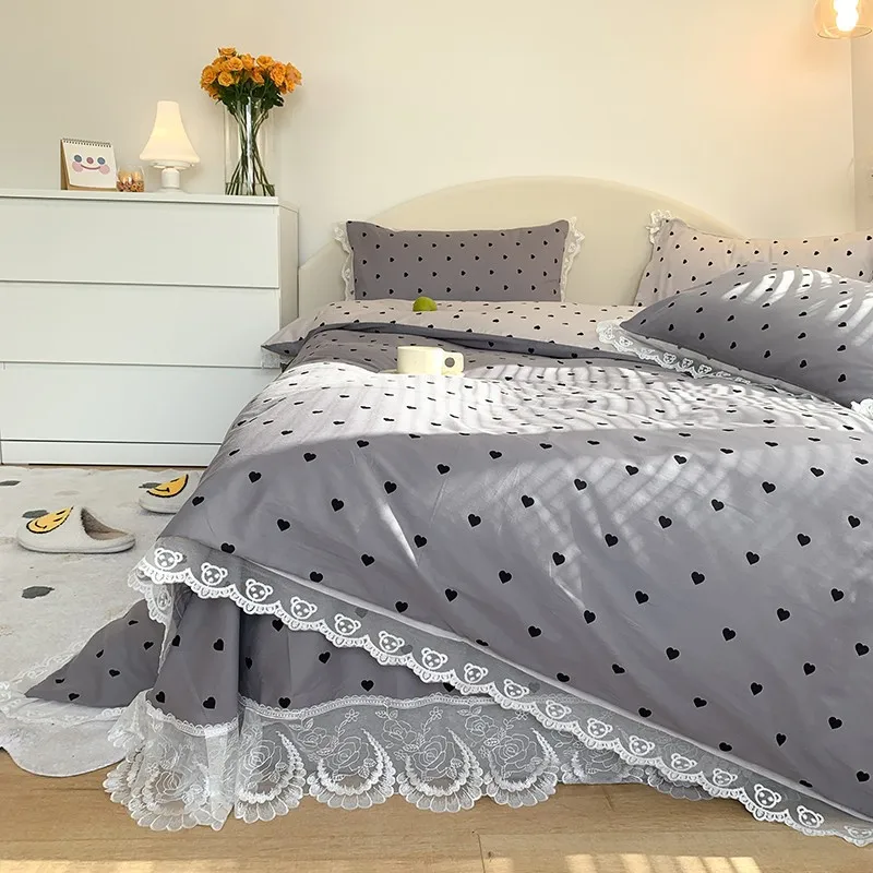 Girls Bedding Set Reversible Gray White Heart print Duvet Cover 100%Cotton Lace 4Pcs Queen Twin Ultra Soft bed sheet | Дом и сад