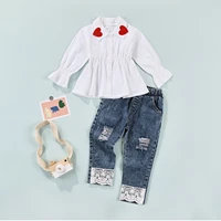 girls casual two piece clothes set heart pattern button down collared peplum tops lace hem jeans kids spring autumn casual sets