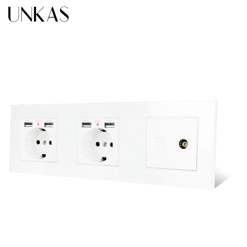 Стандарт ЕС черная стеклянная панель двойная розетка с 4 USB зарядным портом + RJ11