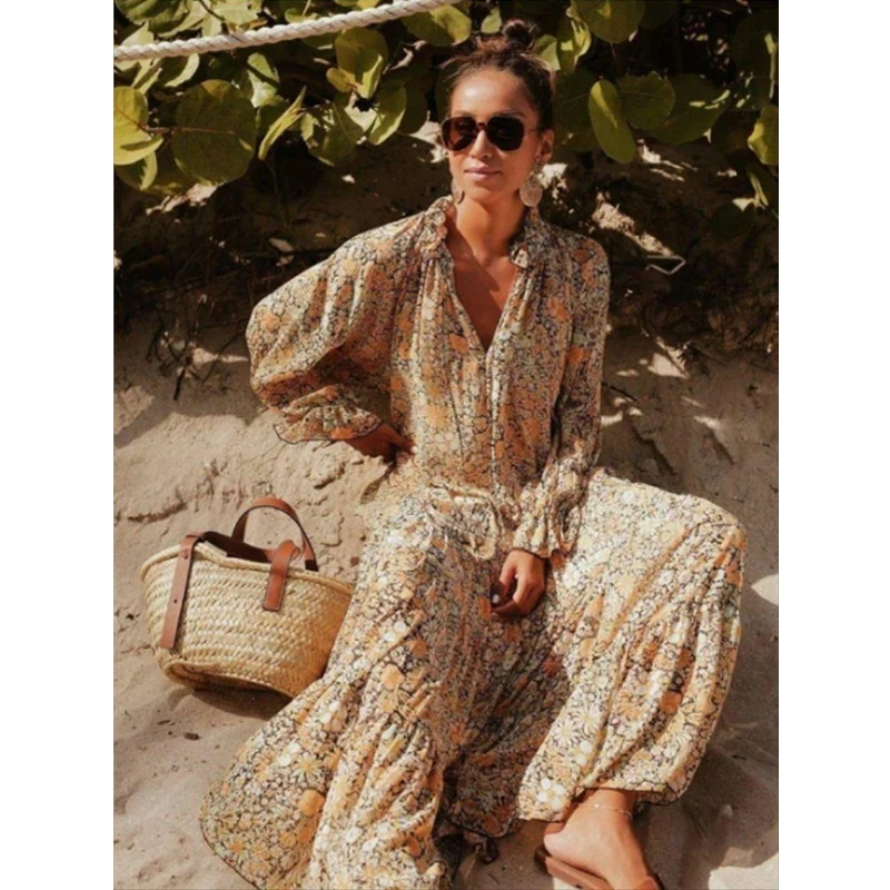 

Женское длинное пляжное платье макси, летнее свободное Повседневное платье с V-образным вырезом, принтом, пышными рукавами-фонариками и выс...