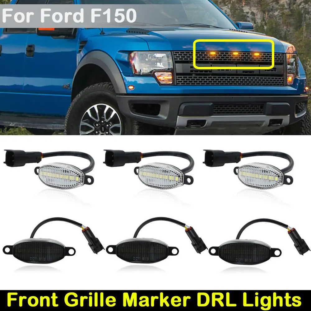 

3Pcs For Ford F150 SVT Raptor Clear Smoked lens Amber LED Front Grille Running Light Marker DRL Lights