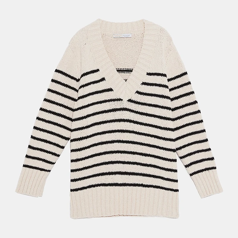 Autumn New ZA Women's Knit Sweater Fashion Stripe Long Sleeve V-neck Loose Casual Turtleneck Hot Sales Wholesale | Женская одежда