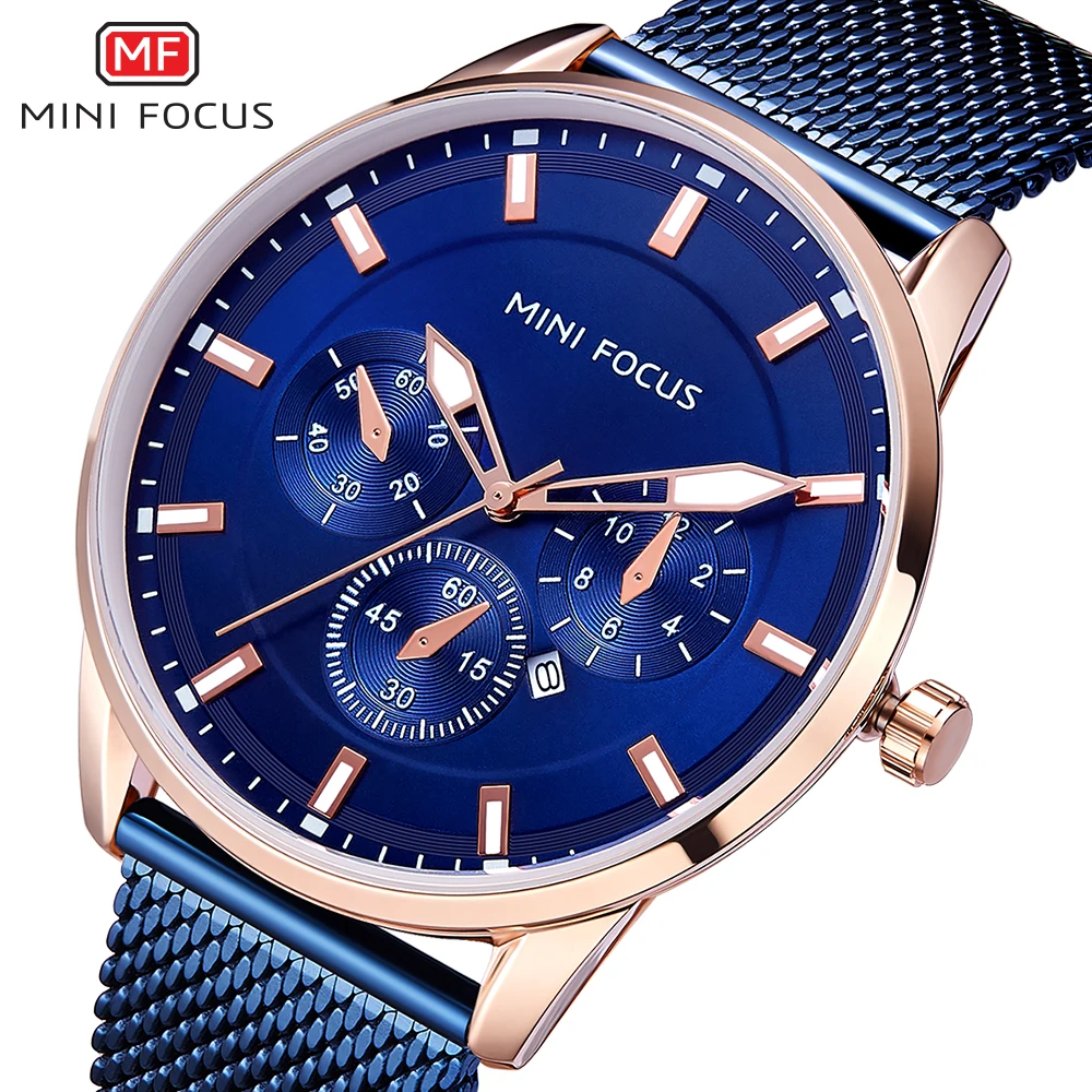 

MINI FOCUS Men's Classic Chronograph Quartz Watches New Waterproof Mesh Strap Wristwatch Simple Fashion Man Relogios Clock