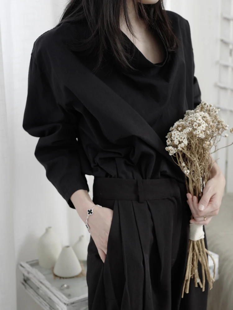 Домашняя рубашка Yamamoto темно черная Минималистичная холодная с воротником