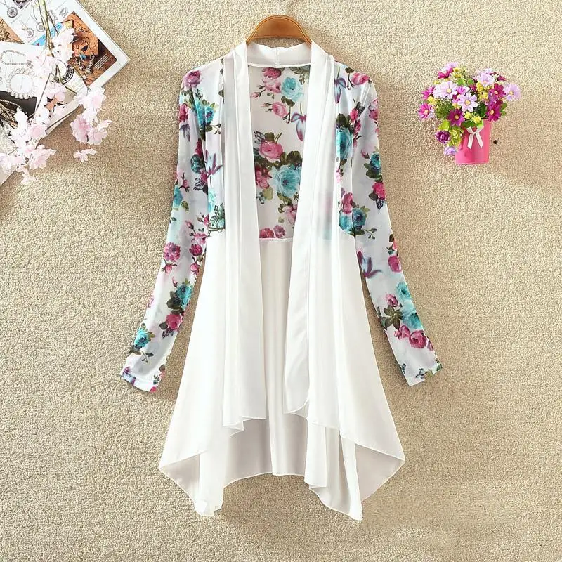 Шифоновая куртка кардиган с принтом Пляжная летняя тонкая рубашка длинным