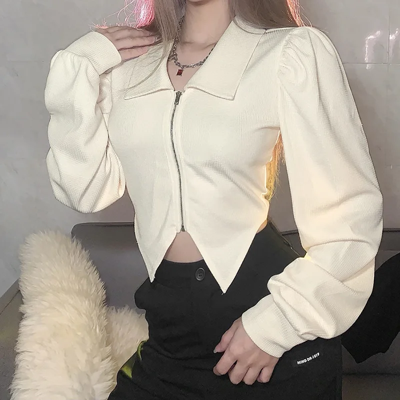 

Women's Streetwear Zip Up Crop Tops Spring Autumn Sexy Long Puff Sleeve Lapel V Neck Irregular Slim Fit Shirts