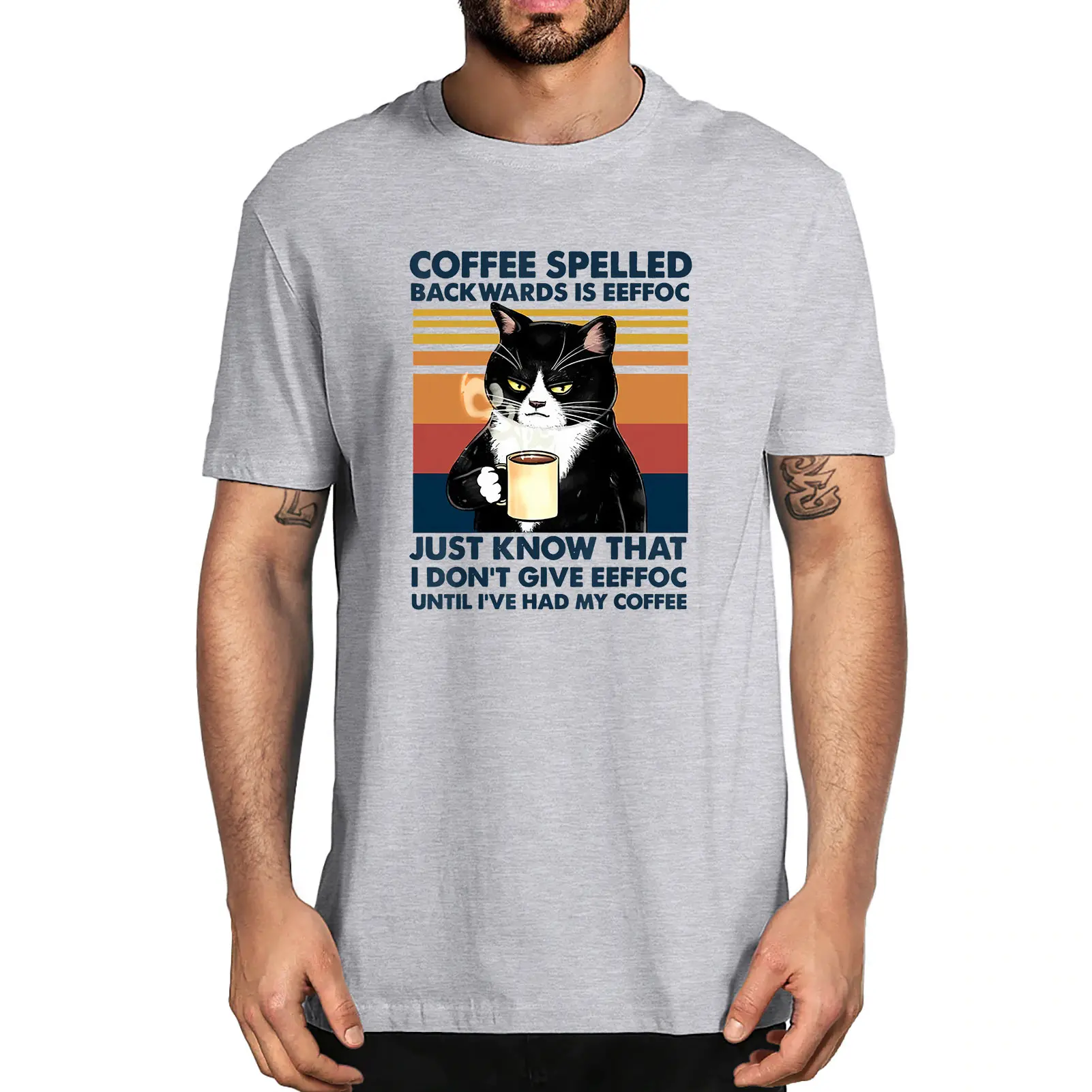 Black Cat Coffee Spelled Backwards Is Eeffoc Funny Cat Coffee Lover Men's 100% Cotton Novelty T-Shirt Unisex Summer Humor Women images - 4