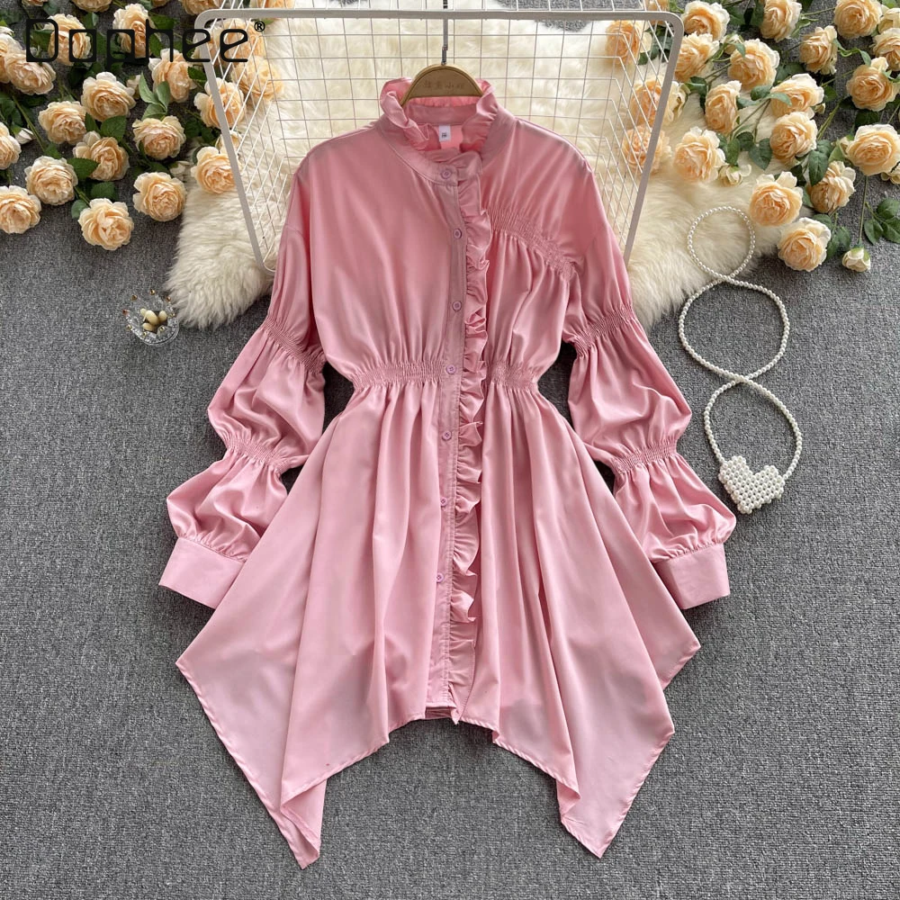 

Women's Pink Slimming Irregular Shirt Tunics 2022 Spring Elegant Stand Collar Lace Single-Breasted Ruffles Sleeve Mid-Length Top