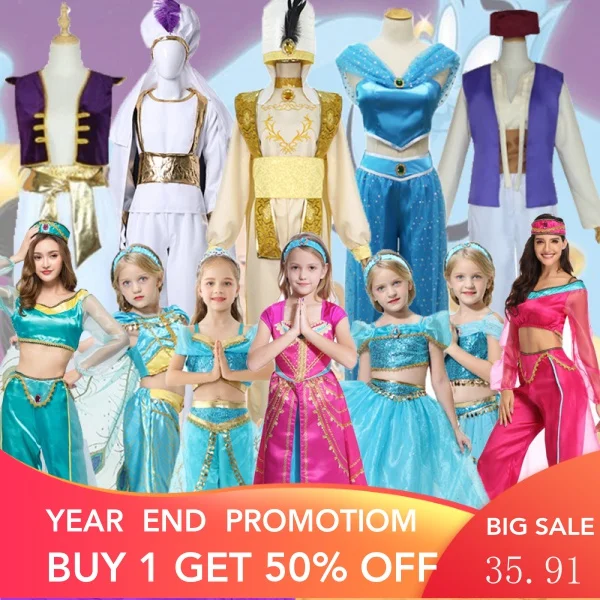 

Disney Movies Live Edition COS Clothing Lamp of Aladdin Prince Princess Jasmine Dress Adult and Children Clothes