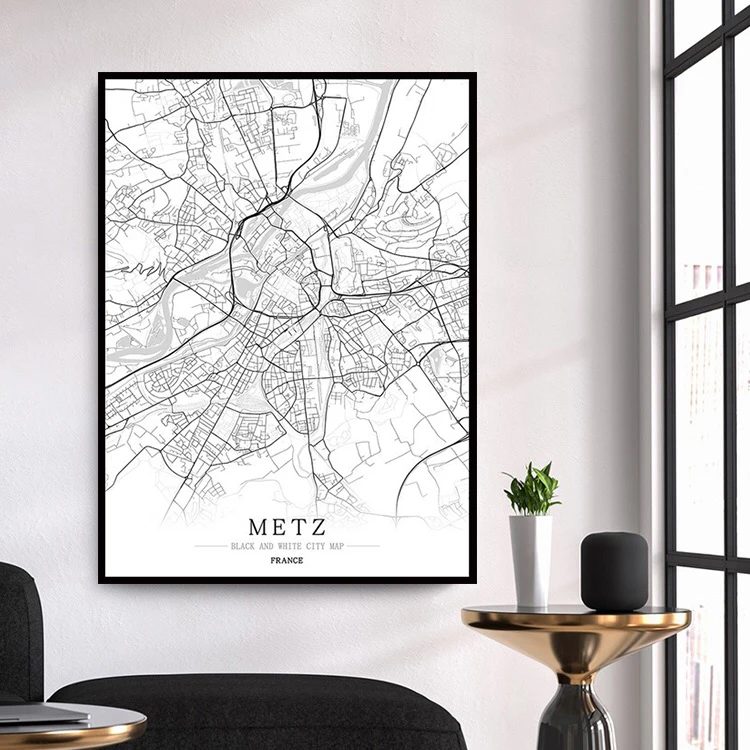 

Metz France City Black White Map Travel Poster Line Art Painting Canvas Print Living Room Home Decoration