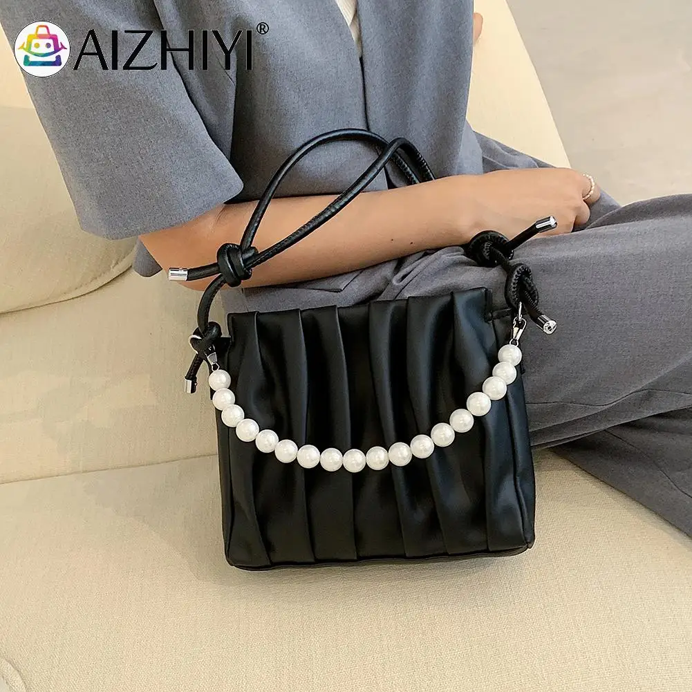

Fashion Women Pleated PU Leather Shoulder Crossbody Messenger Bag Casual Ladies Pearl Chain Small Handbags Purse