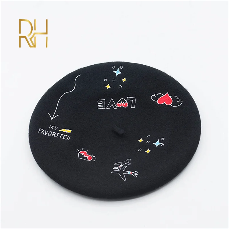 Женский шерстяной берет с вышивкой элегантный художника мультяшным