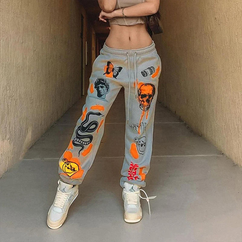 Женские спортивные брюки Y2K Harajuku джоггеры с мультяшным принтом черепа уличная