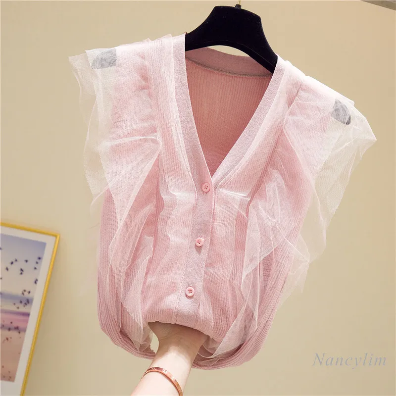 Кардиган Женский приталенный с сетчатыми оборками V-образным вырезом весна-осень