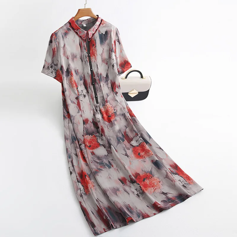 

2021 Women Spring Summer Casual Loose Silk Dress Female Print Short Sleeve Pleated A-line Vestidos Lady Elegant chic Dresses K66