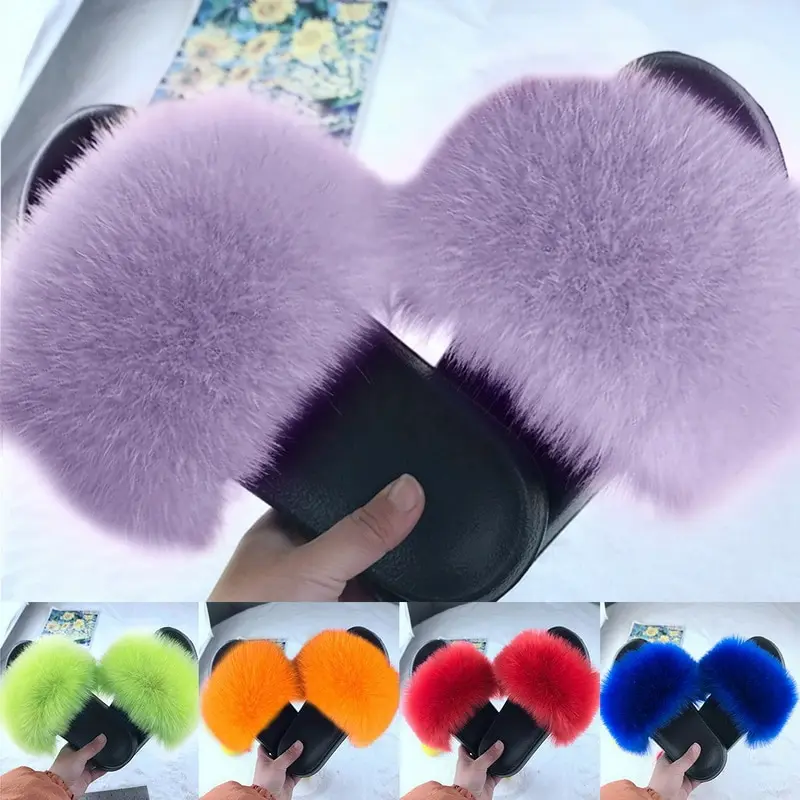 

Faux Fur Slides Women Furry Fox Fur Sandals For Woman Female Indoor Shoes Fluffy Plush With Fur Slippers Flip Flops Size 36-45
