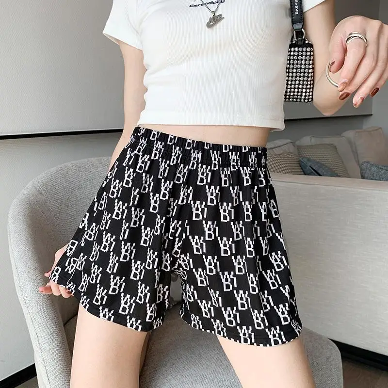 

Screen red letter printed shorts women's Korean summer versatile high waist slim elastic waist Hong Kong style wide leg pants