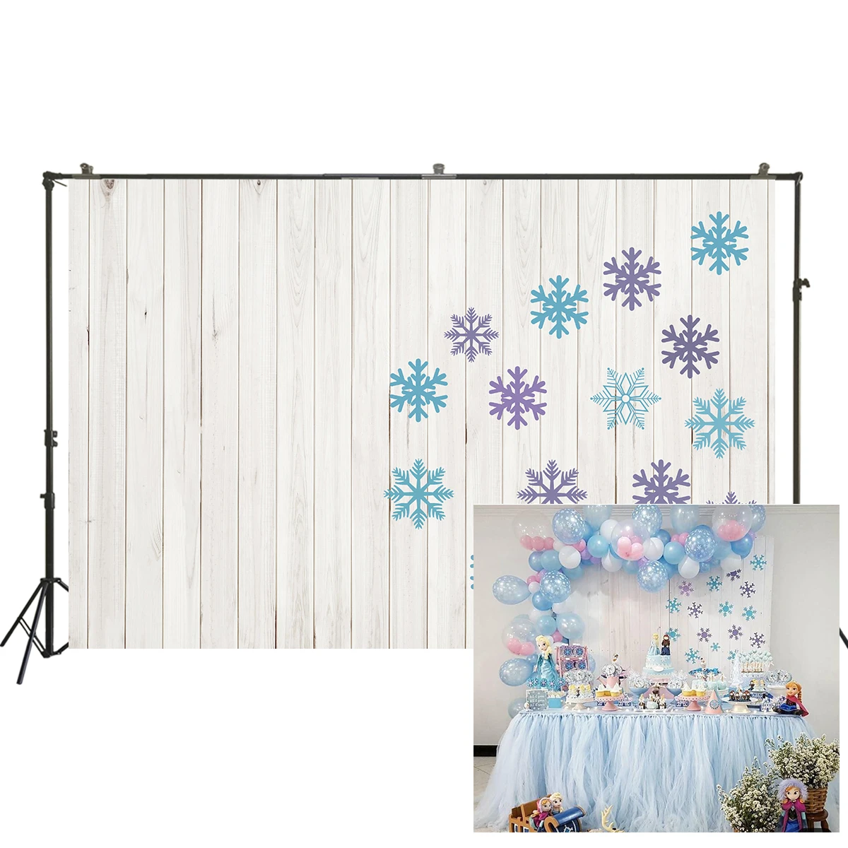 

Princess Girls Birthday Party Background Snowflake On Wood Plank Board Baby Shower Backdrop Photo Banners Cake Table Decorations